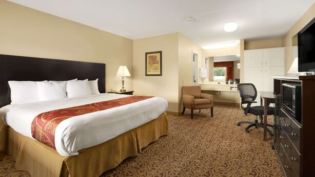 A hotel room with a large bed, a desk, a chair, and a television. - Days Inn by Wyndham Alexander City (Alexander City)