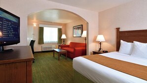 Une chambre d’hôtel avec un lit, un bureau, une chaise, une télévision et un tableau au mur.