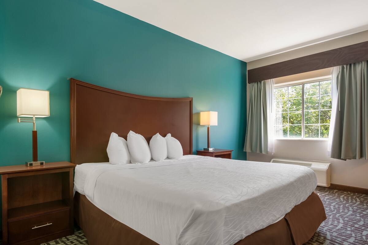 Una habitación de hotel con una cama grande, paredes color aguamarina, dos mesitas de noche con lámparas, una ventana con cortinas y un radiador.