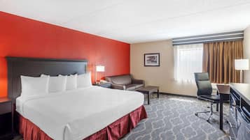 Laptop workspace, blackout curtains, iron/ironing board