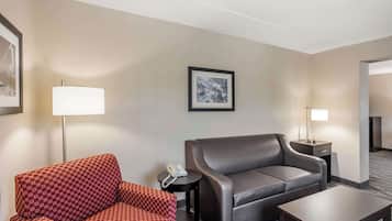 Een hotelkamer met een rode fauteuil met een patroon, een grijze bank, een klein tafeltje en een lamp.