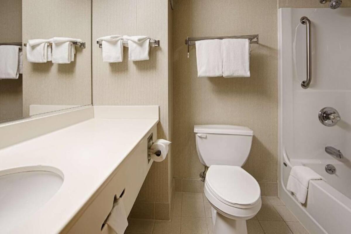A bathroom with a toilet, sink, mirror, and a walk-in shower.