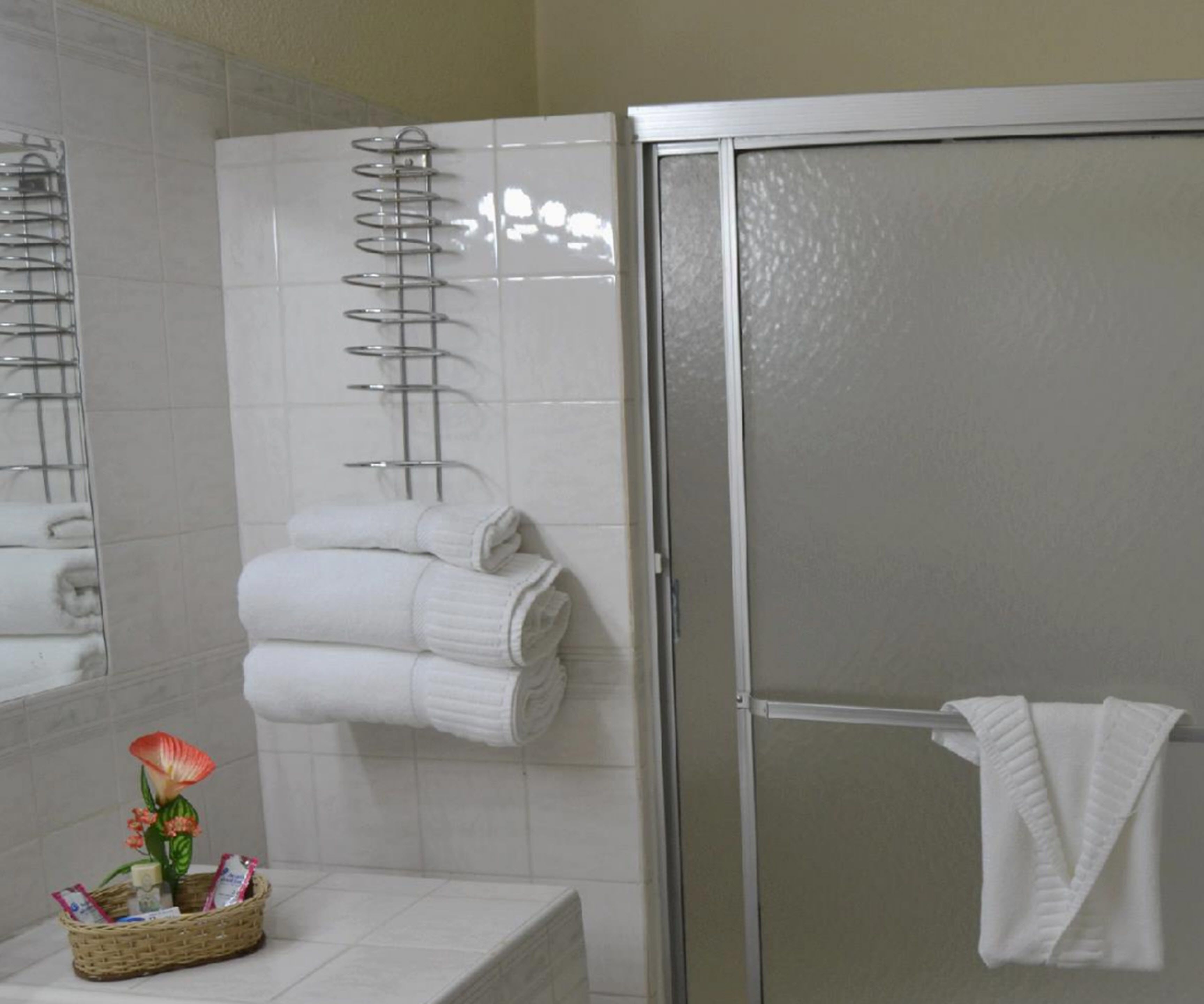combined shower/bathtub, hair dryer, towels