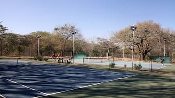 Una cancha de tenis con una red, bancos y árboles al fondo.