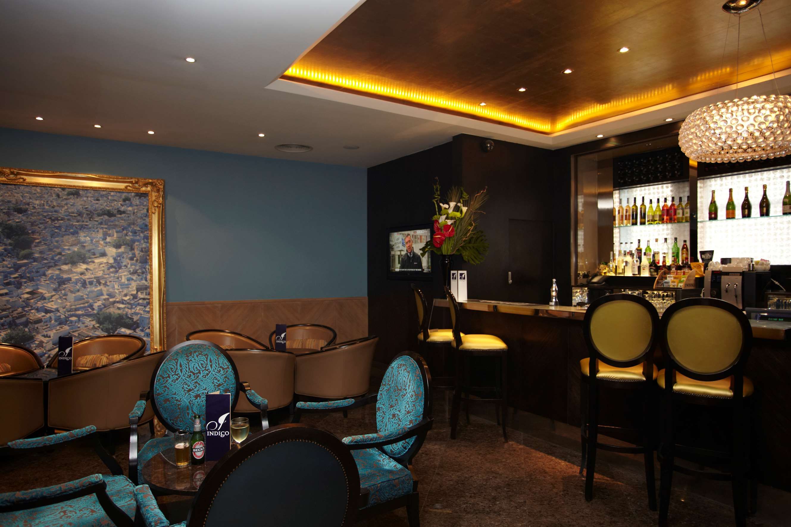 A bar area with seating and a bar counter.