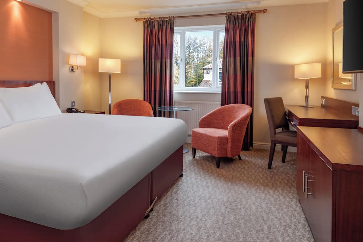 A hotel room with a large bed, two chairs, a desk, and a television.