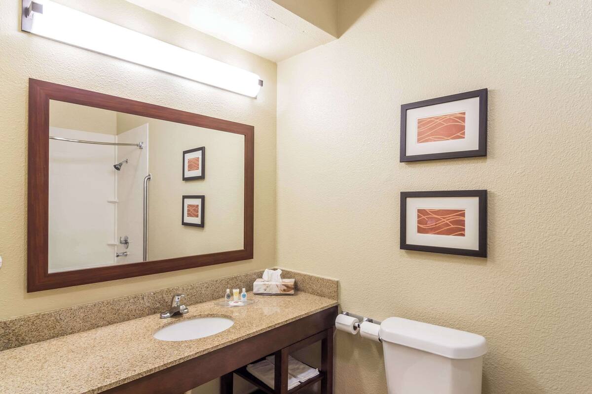 A bathroom with a sink, mirror, toilet, and framed pictures on the wall.