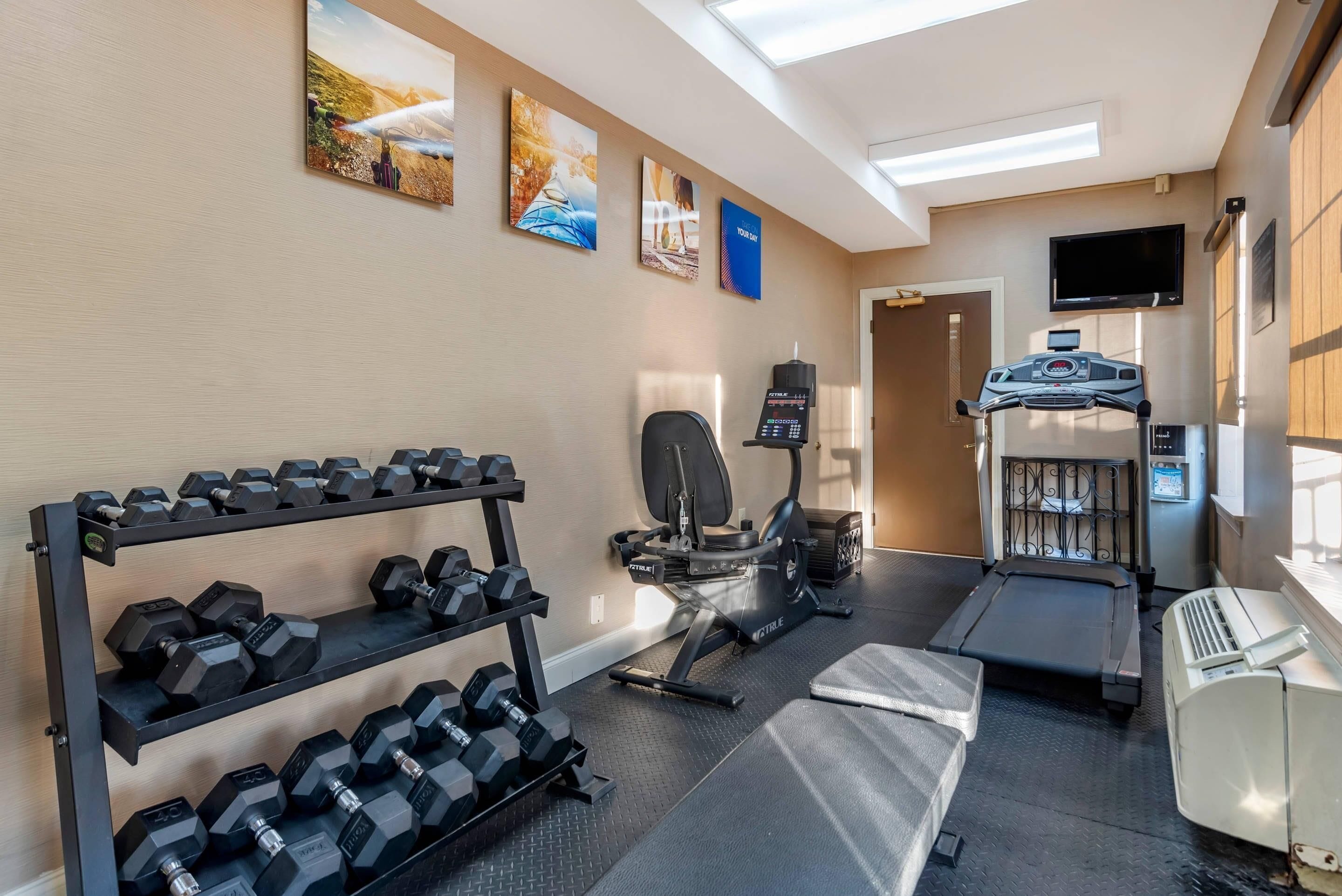 Une salle de sport équipée de matériel d’exercice, d’un tapis de course, d’haltères et d’un téléviseur fixé au mur.