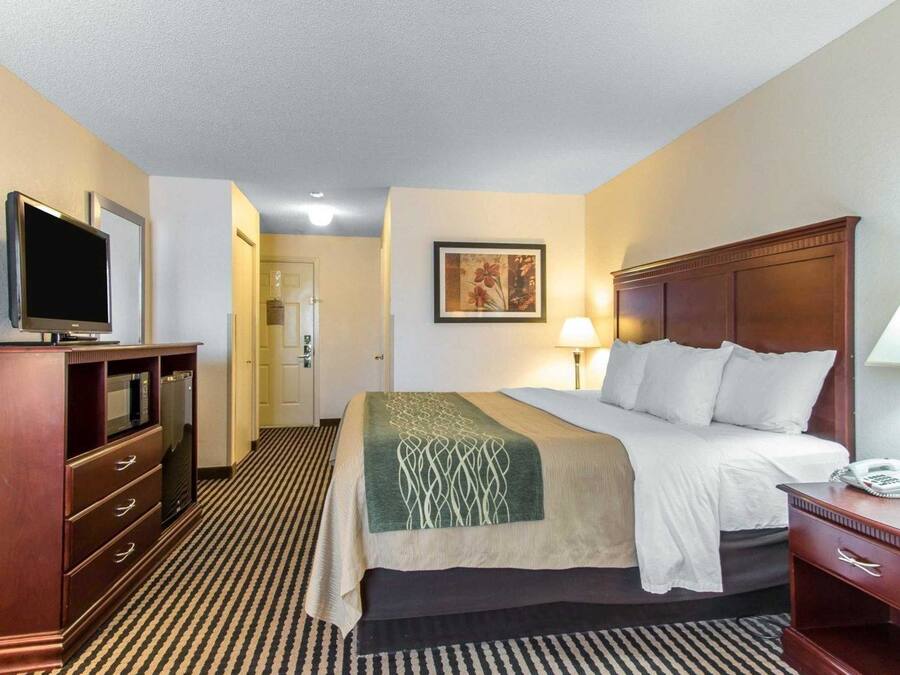 A hotel room with a bed, a television, a desk, and a door.