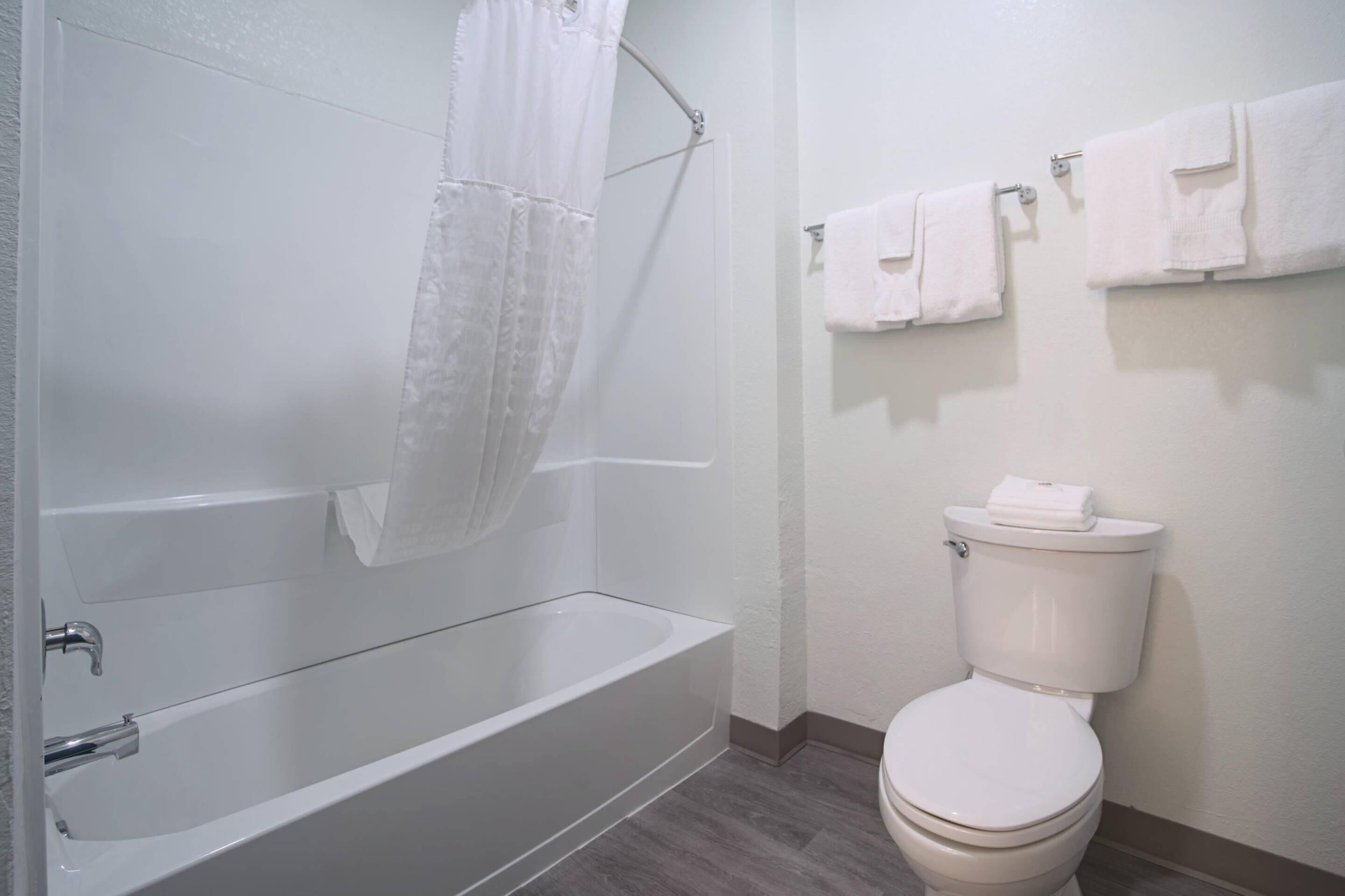 A bathroom with a bathtub, toilet, and a shower curtain.