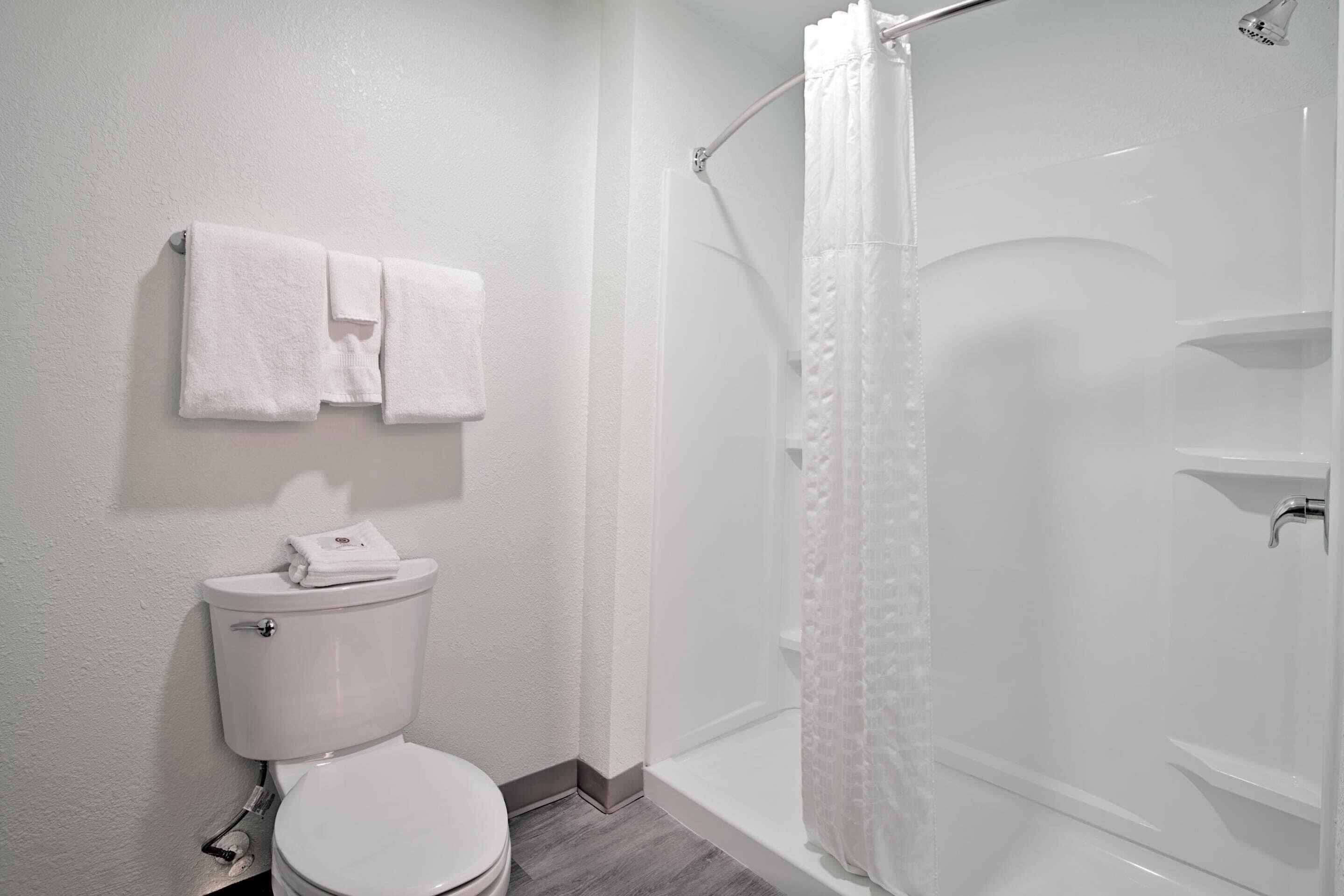 Un baño con inodoro, ducha con puerta de cristal y dos toallas colgadas en la pared.