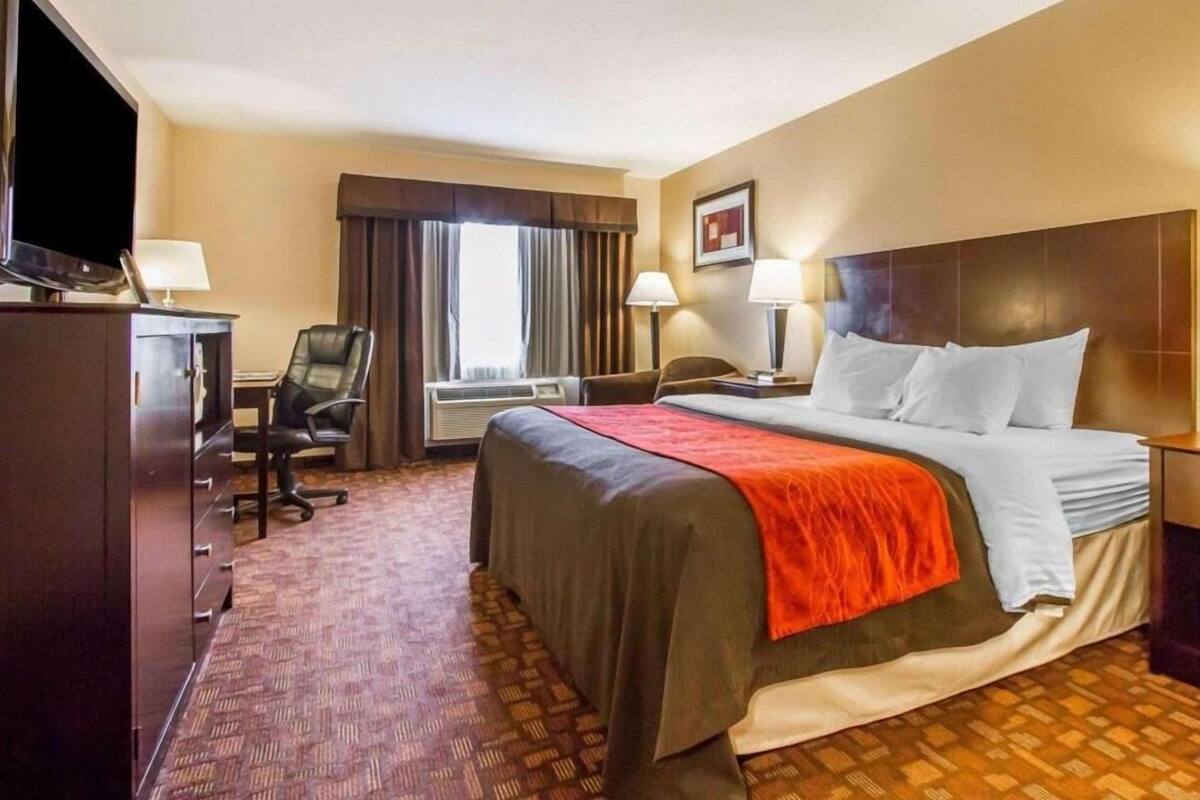 A hotel room with a bed, a desk, a chair, a television, and a window with curtains.
