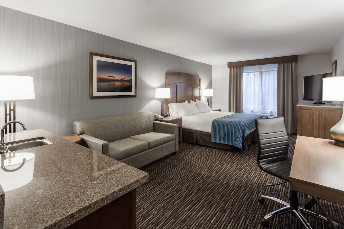 A hotel room with a bed, a sofa, a desk, a TV, and a window with curtains.