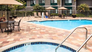 Outdoor pool, open 7 AM to 10 PM, pool umbrellas, pool loungers