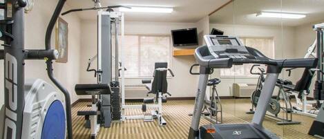 A gym with treadmills, weight machines, and a mirrored wall.