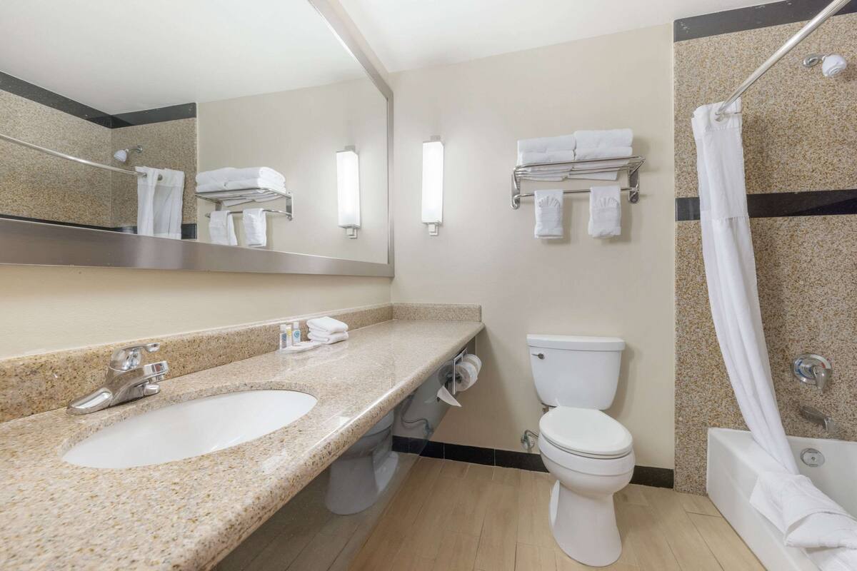 A modern bathroom with a granite countertop sink, a white toilet, a shower with a glass door, and a large mirror.