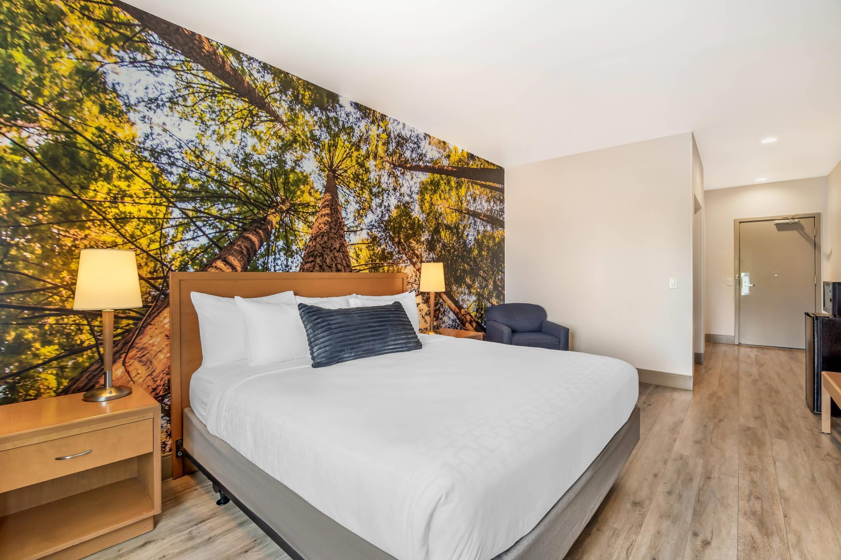 A hotel room with a large bed, two bedside lamps, a nightstand, a chair, and a door leading to another room.