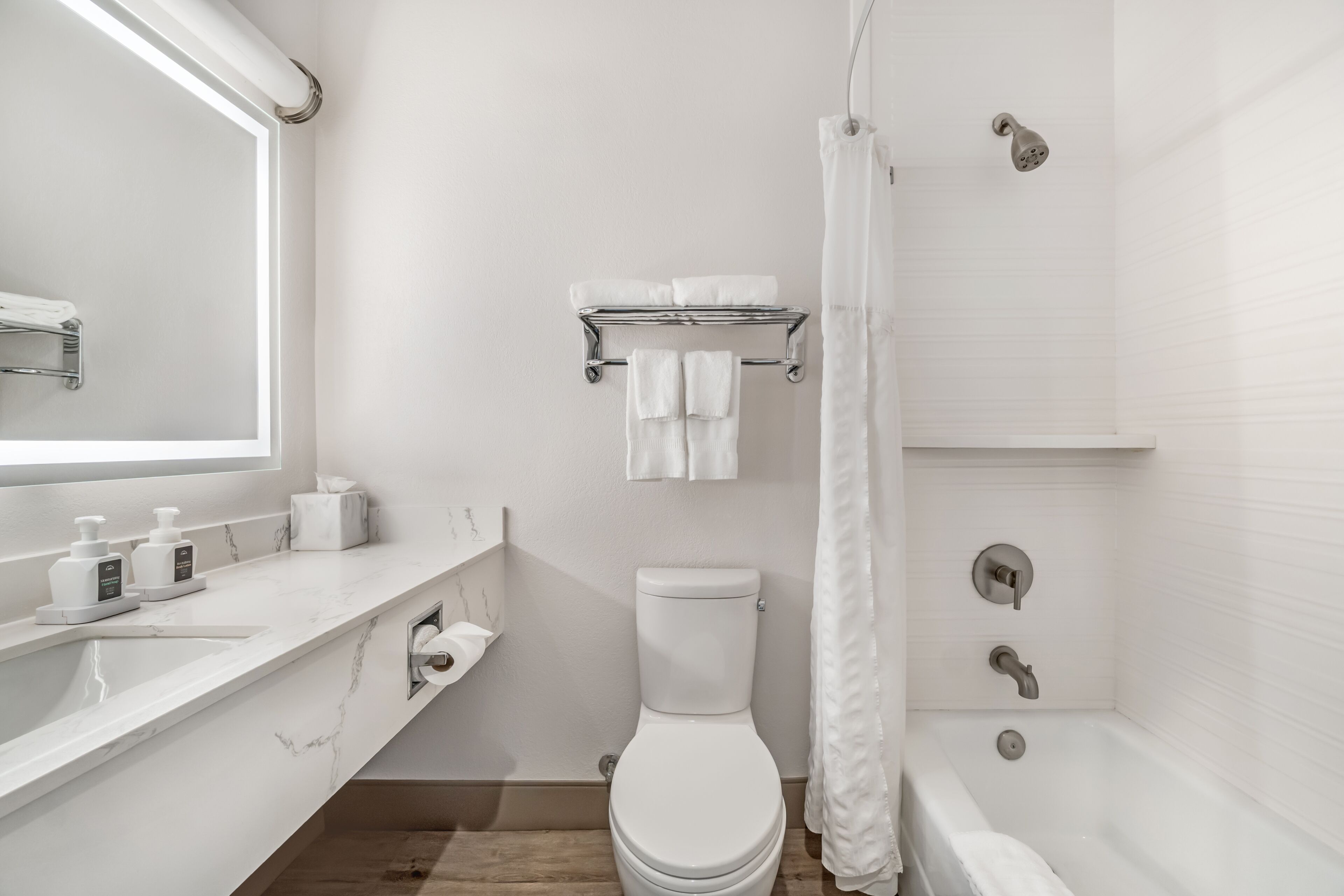 A modern bathroom with a toilet, a shower, and a vanity with a mirror.