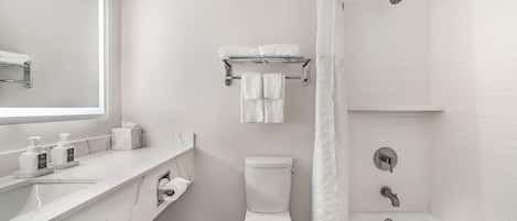 A modern bathroom with a toilet, a shower, and a vanity with a mirror.