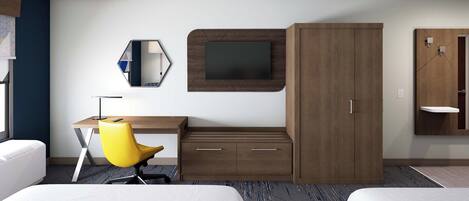 Habitación de hotel con dos camas, un escritorio con silla, televisor montado en la pared y armario.