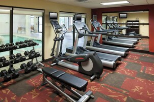 A gym with treadmills, dumbbells, and a bench.