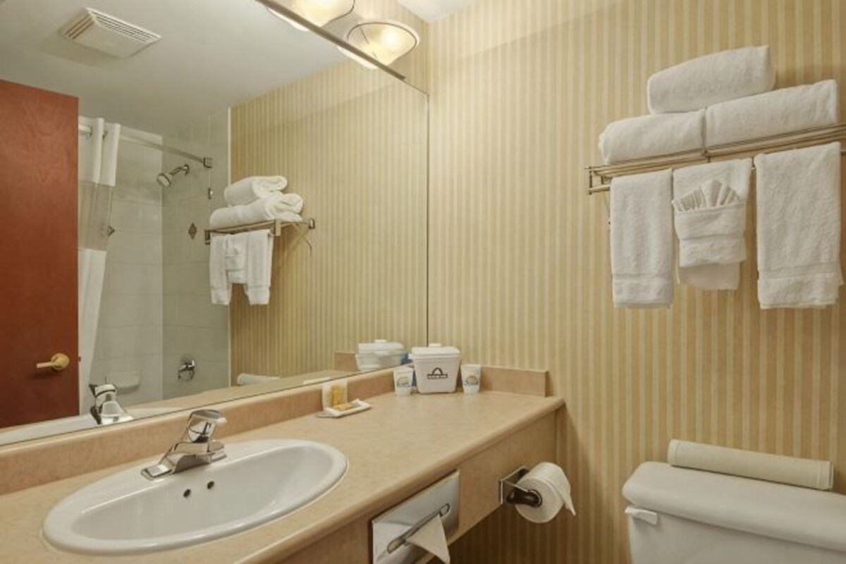 Une salle de bain équipée d’un lavabo, d’un miroir, d’un porte-serviettes et de toilettes.