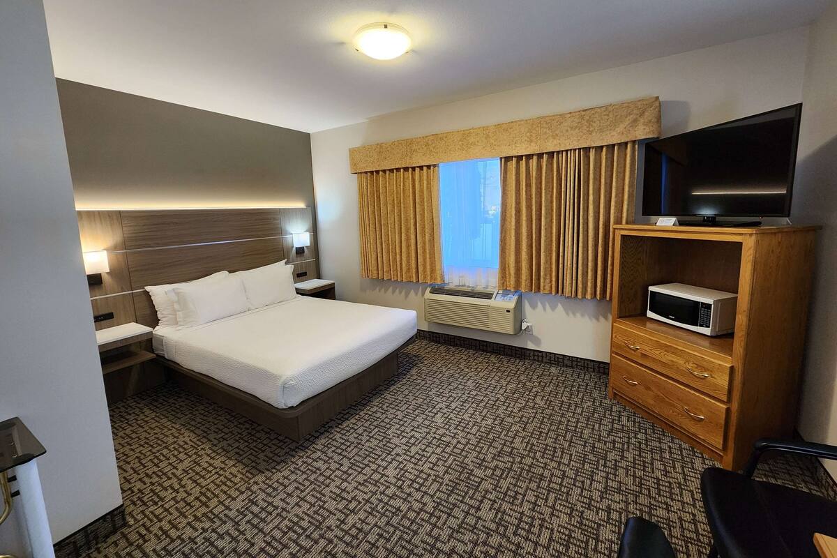 Habitación de hotel con cama, mesitas de noche, televisor, microondas, ventana con cortinas y piso alfombrado.