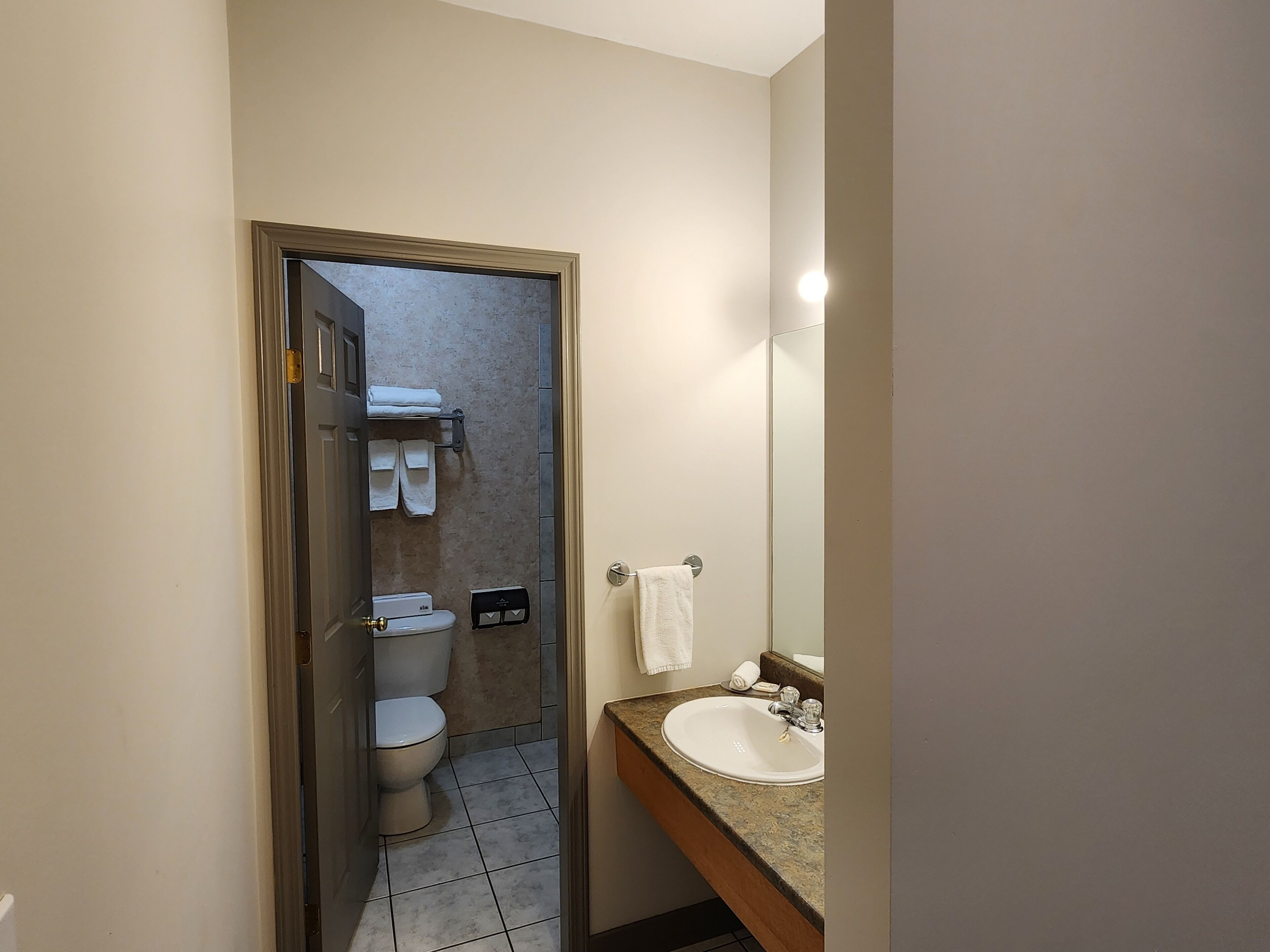 Une petite salle de bain comprenant des toilettes, un lavabo et un espace douche.