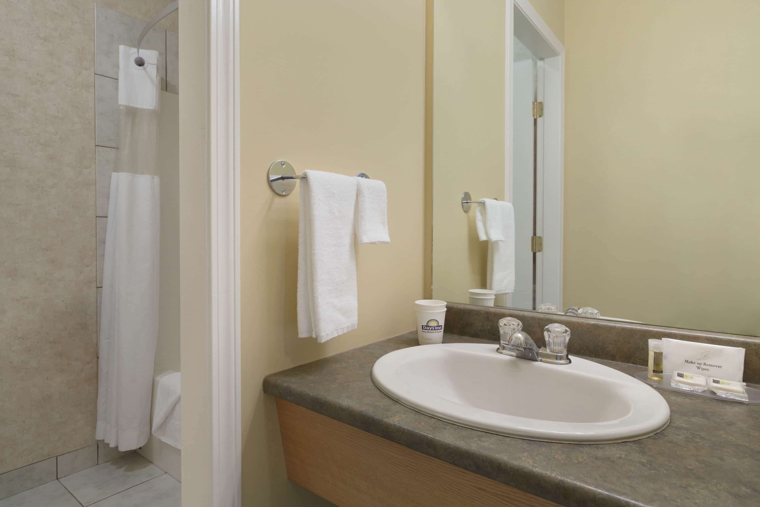 A bathroom with a sink, mirror, and shower curtain.