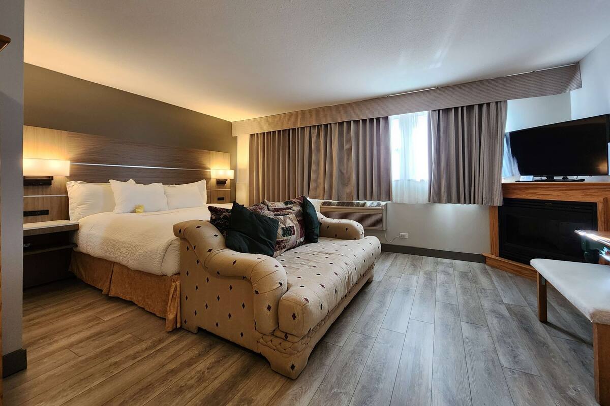 Una habitación de hotel con una cama, un sofá, un televisor y una chimenea.