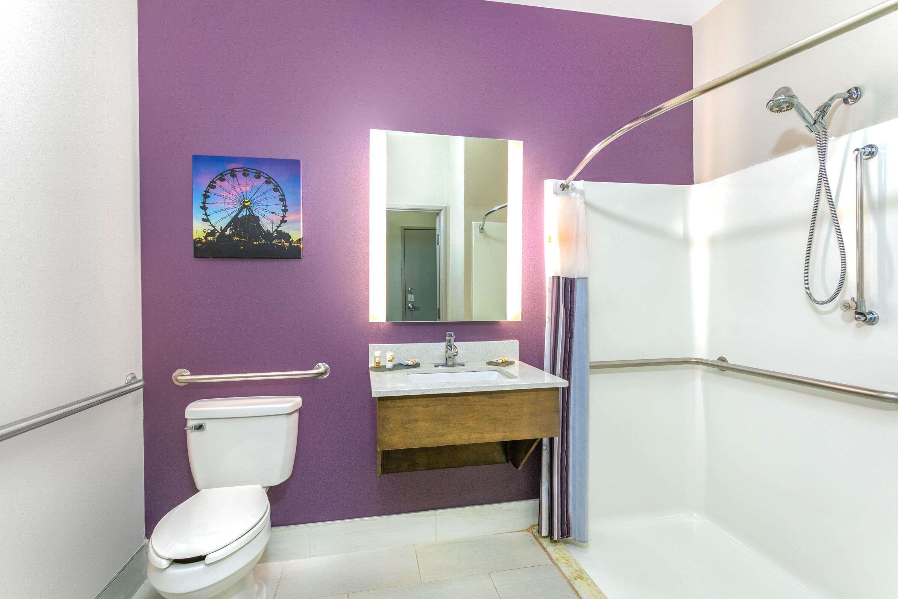 A bathroom with a purple wall, a white toilet, a sink with a mirror, and a shower with grab bars.