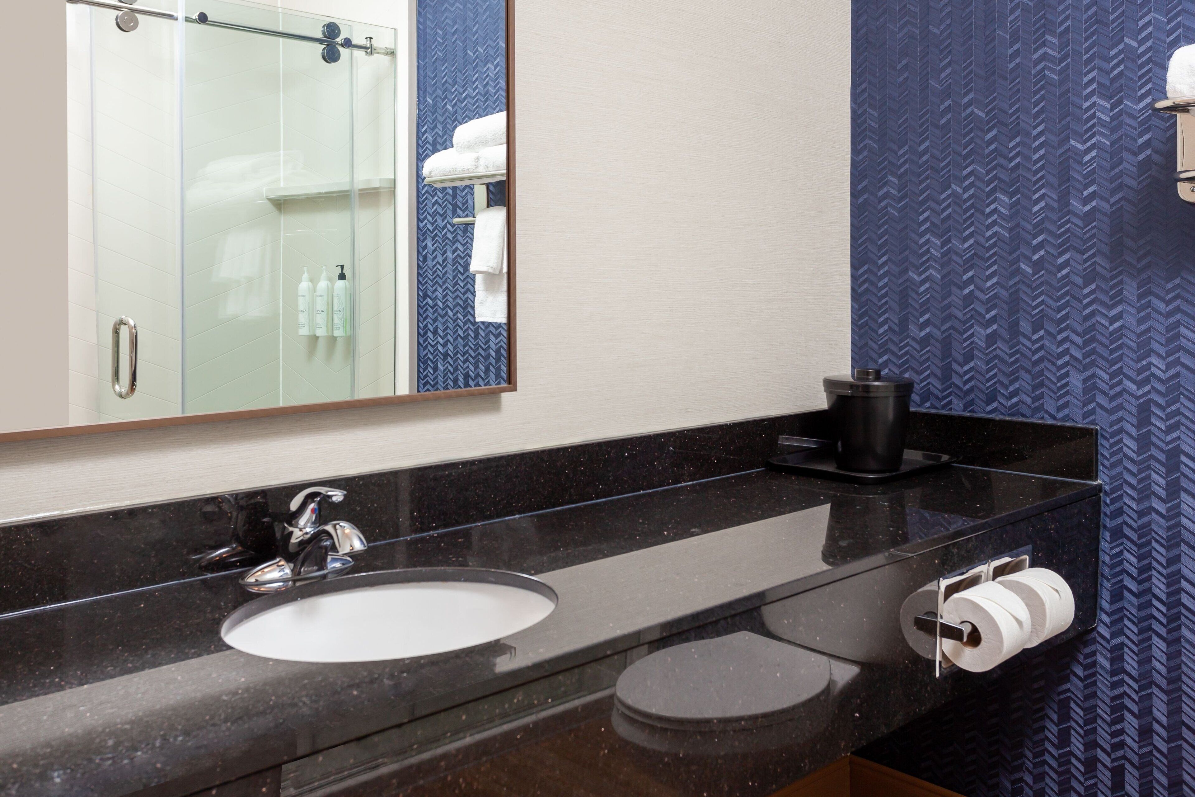 combined shower/bathtub, free toiletries, hair dryer, towels