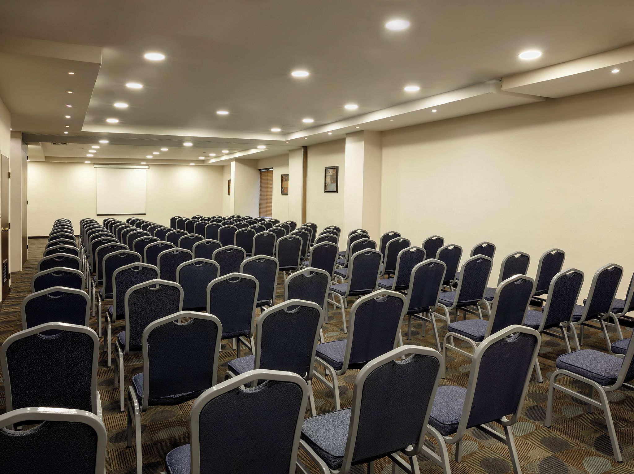A conference room with rows of chairs, a projector screen, and a carpeted floor.