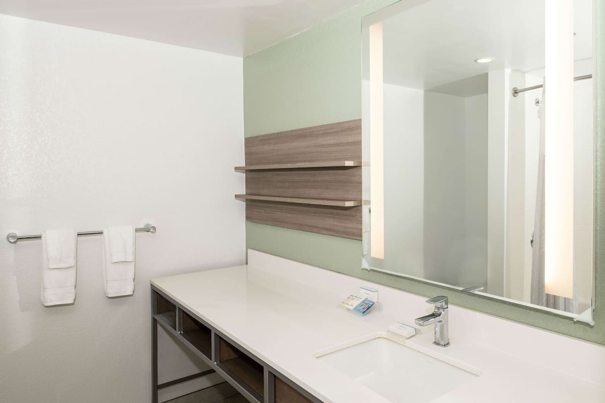 combined shower/bathtub, free toiletries, hair dryer, towels