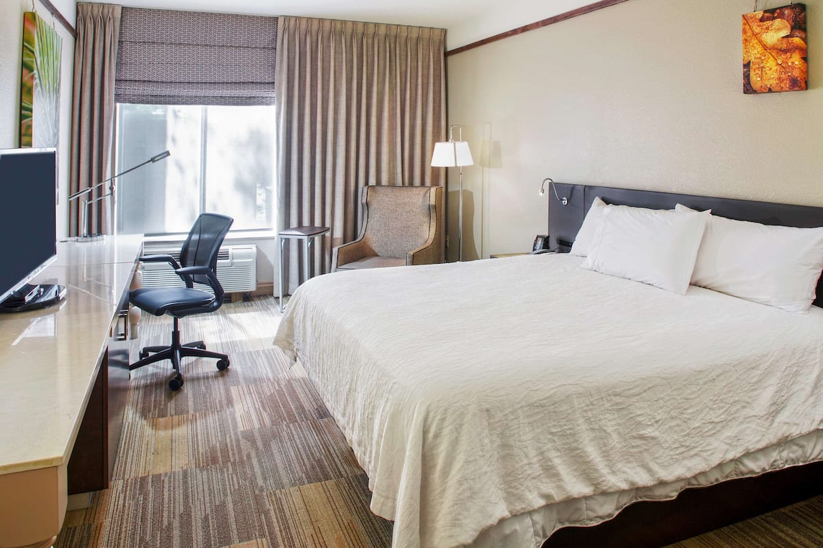 Une chambre d’hôtel avec un grand lit, un bureau avec une chaise, une lampe et un téléviseur.