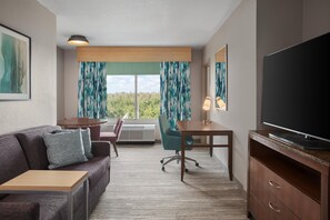 A hotel room with a sofa, a desk, a TV, and a view of the outdoors.