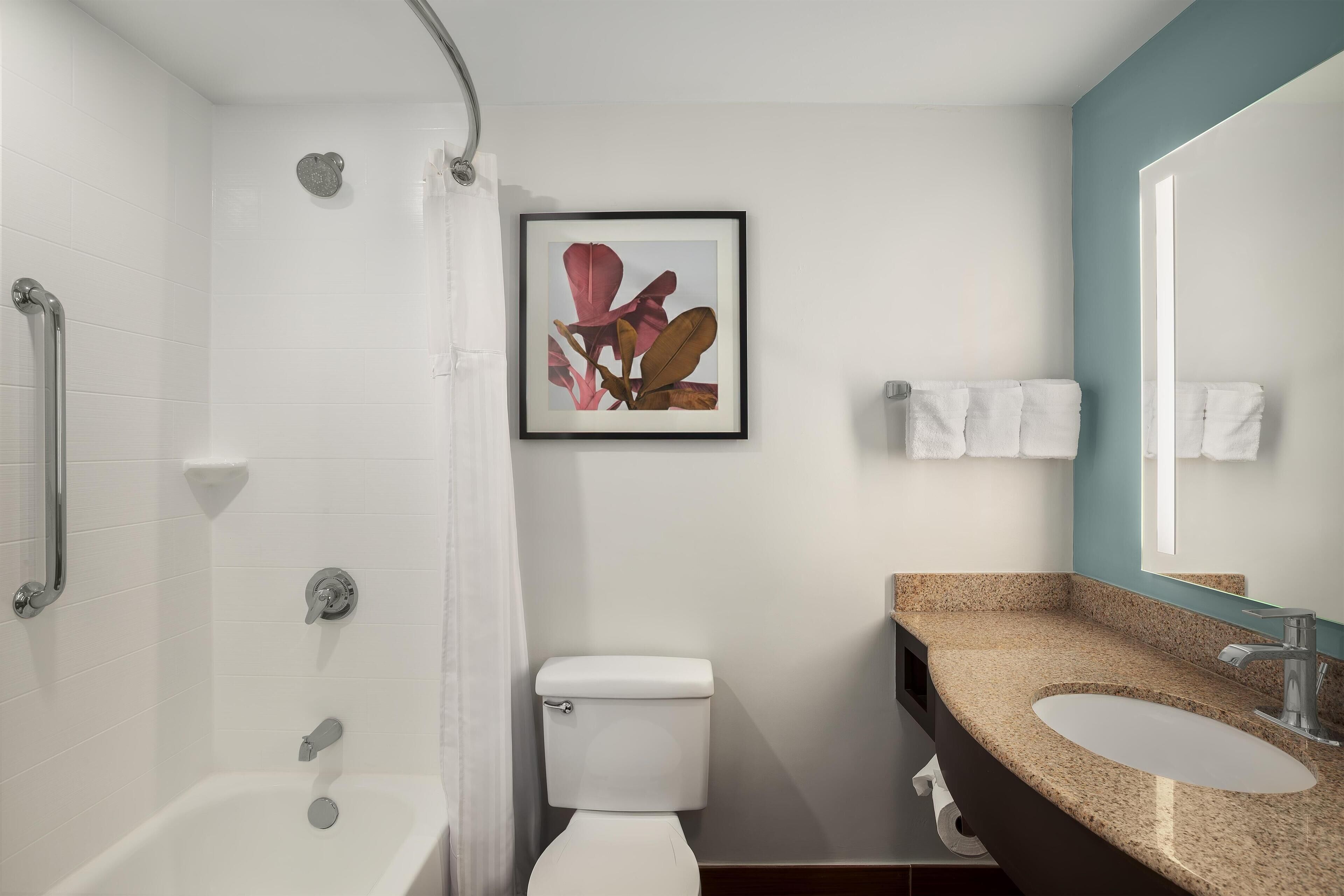 Tina con regadera, amenidades de baño de diseñador, secadora de cabello 