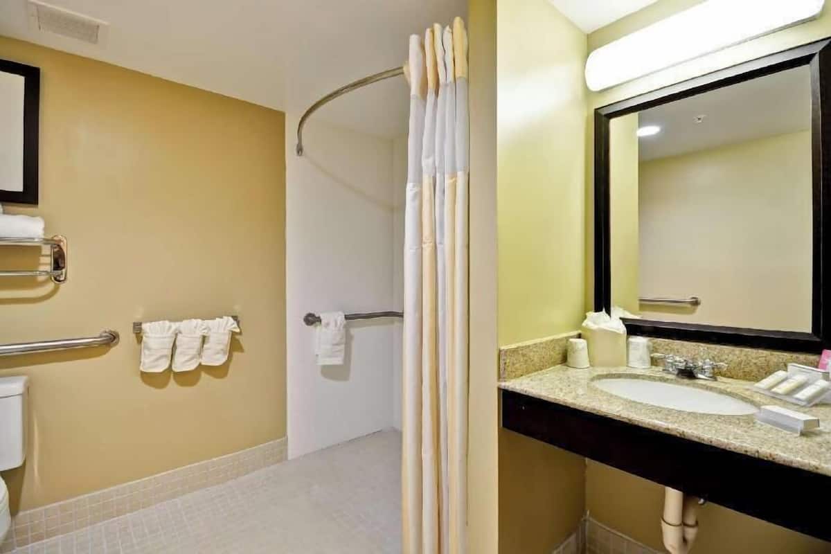 Baño con ducha, inodoro y lavabo.