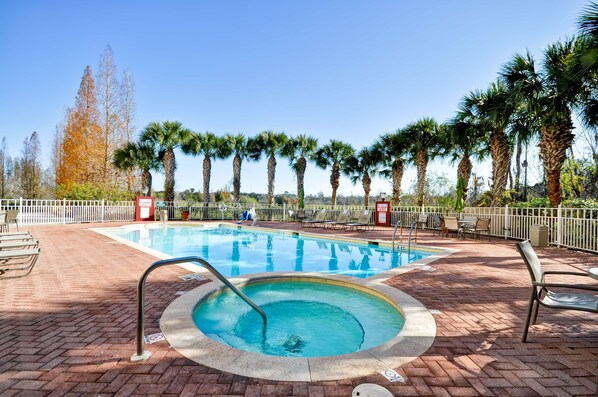 Outdoor pool, pool umbrellas, pool loungers