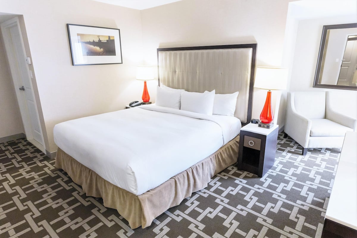 Une chambre d’hôtel avec un grand lit, des lampes de chevet, une chaise, une table de chevet et un tableau encadré au mur.