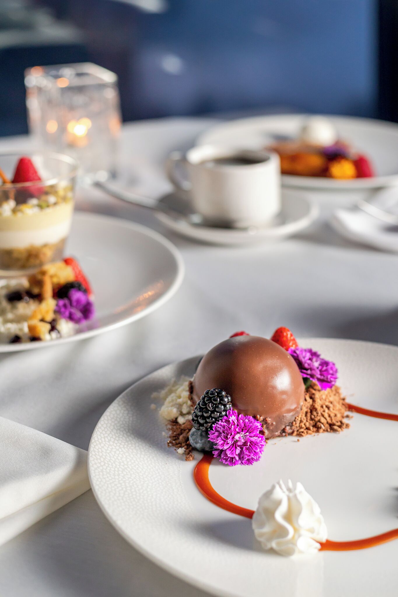 A dessert plate with a chocolate sphere, berries, and decorative flowers.