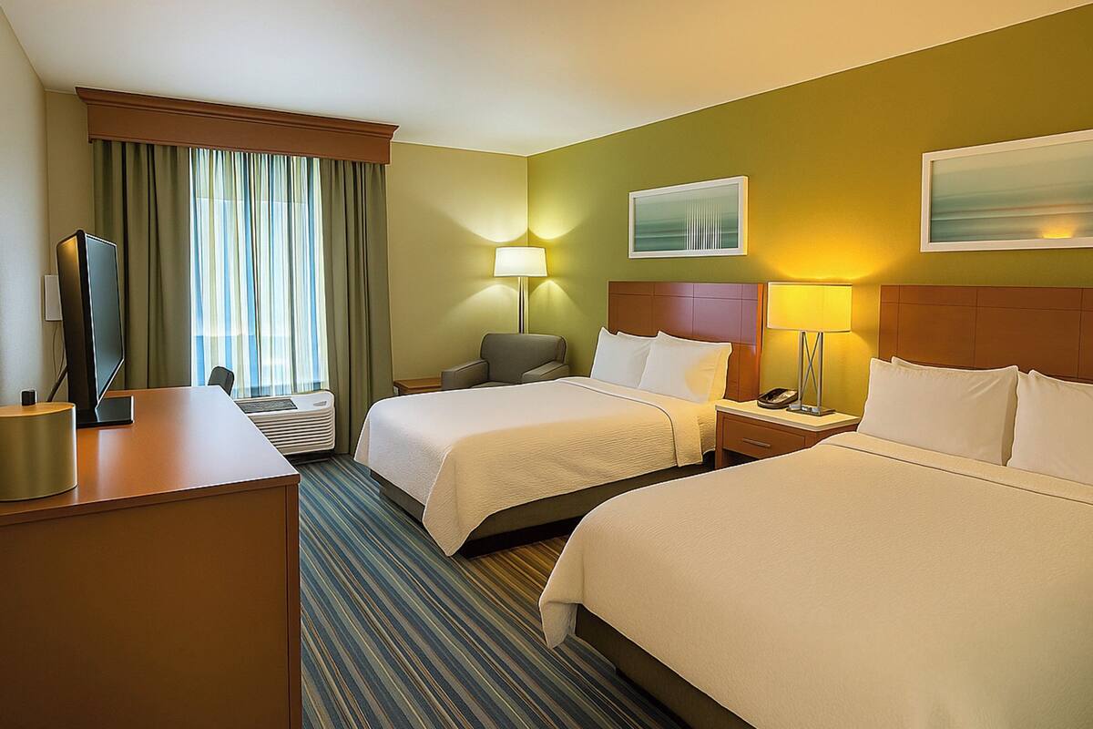 A hotel room with two beds, a desk, a chair, a TV, and a window with curtains.
