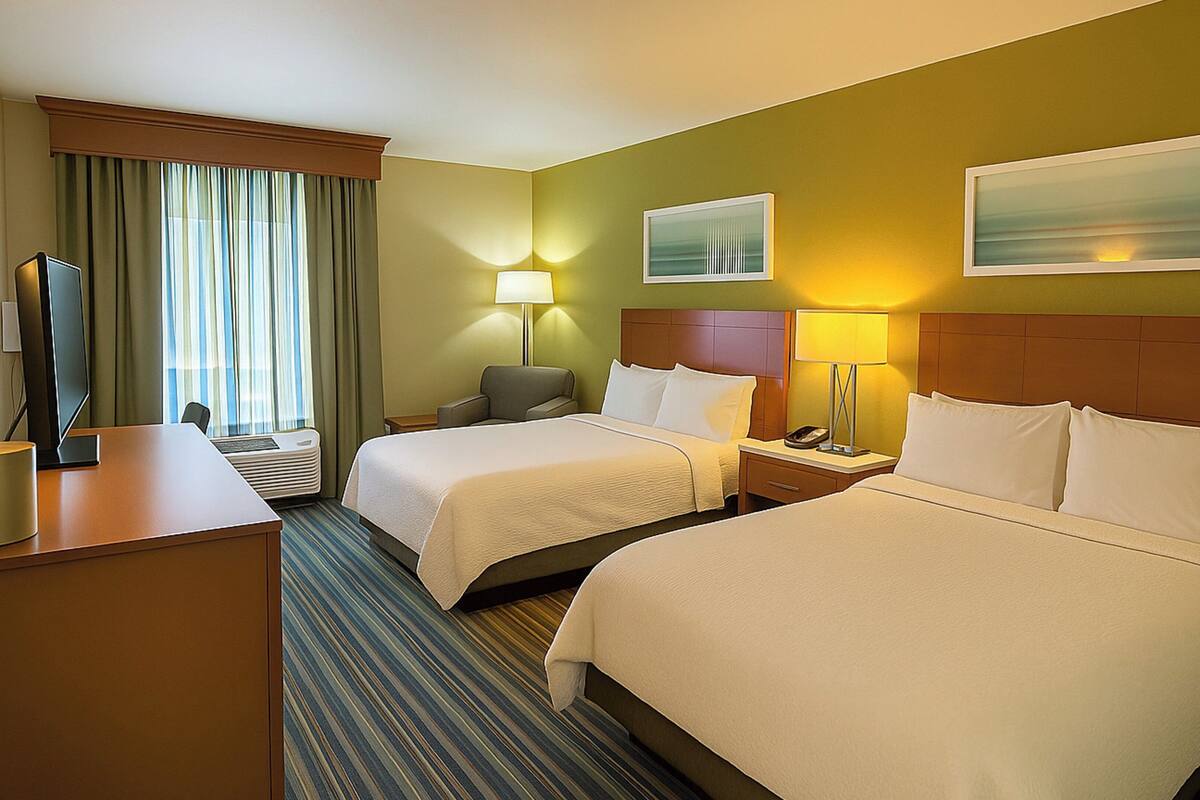 standard room, 2 queen beds | 1 bedroom, desk, laptop workspace, blackout curtains