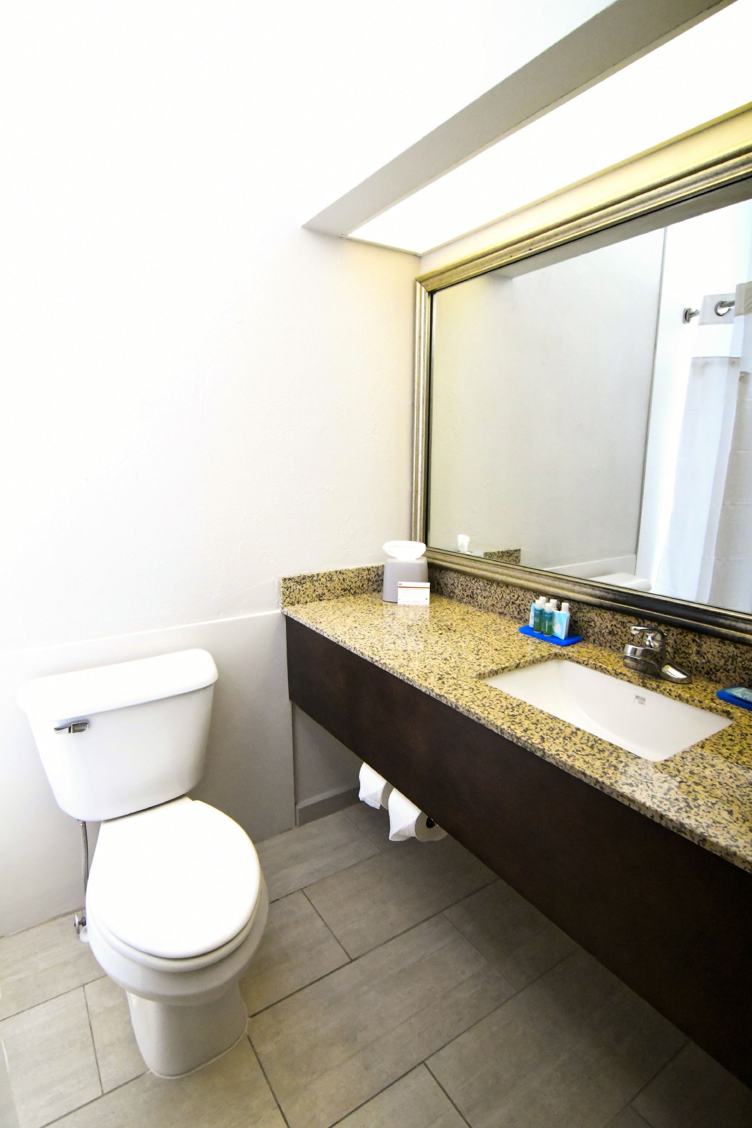 A bathroom with a toilet, sink, and mirror.