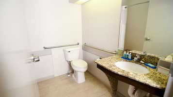 A bathroom with a toilet, grab bars, a sink, and a mirror.