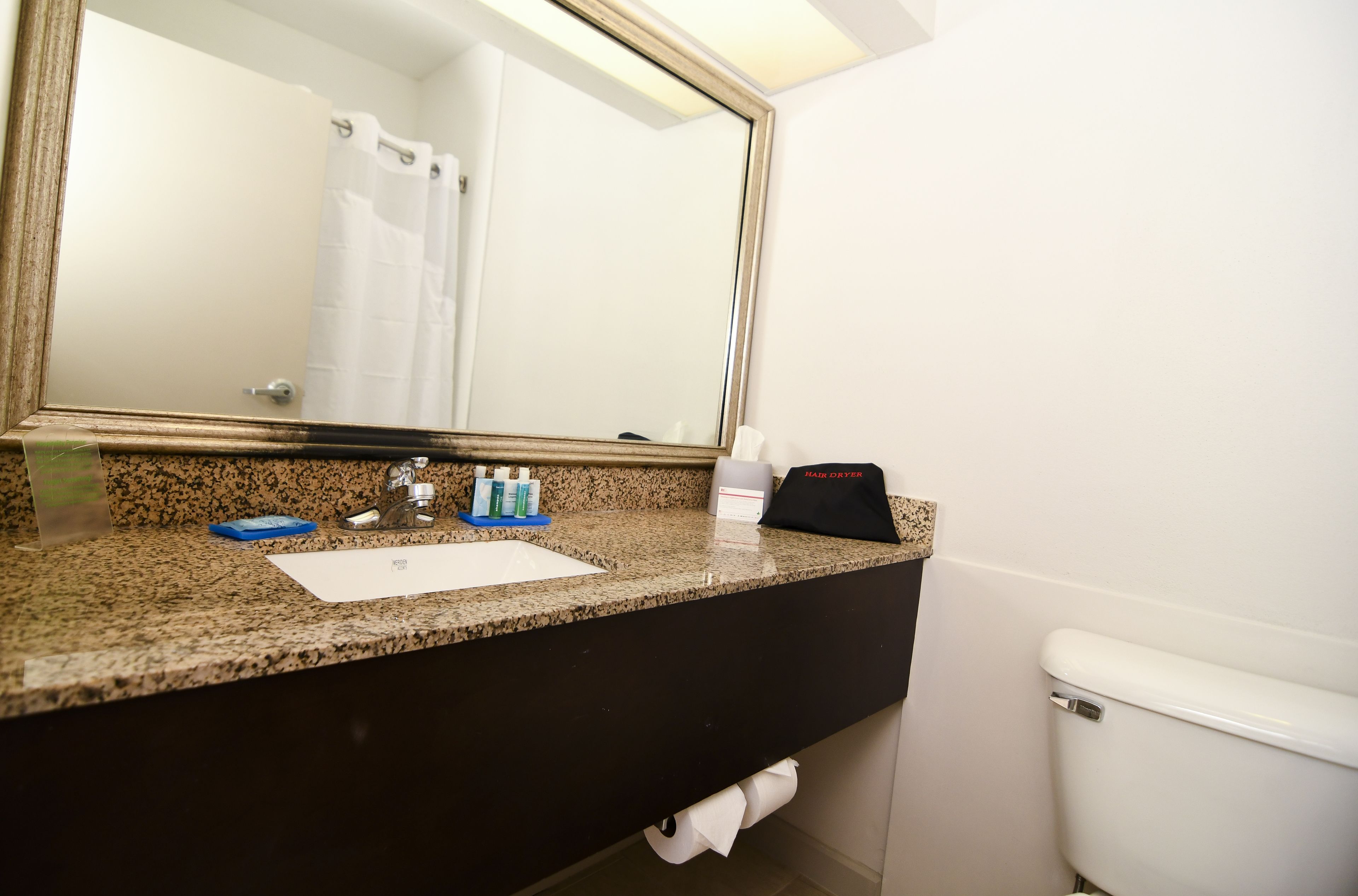 A bathroom with a granite countertop, a mirror, a sink, a toilet, and a hair dryer on the counter.