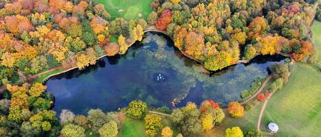 An aerial view of a park with a lake, surrounded by trees in various autumn colors.