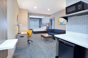 Habitación de hotel con cama, sofá, escritorio, silla, microondas y lavavajillas.