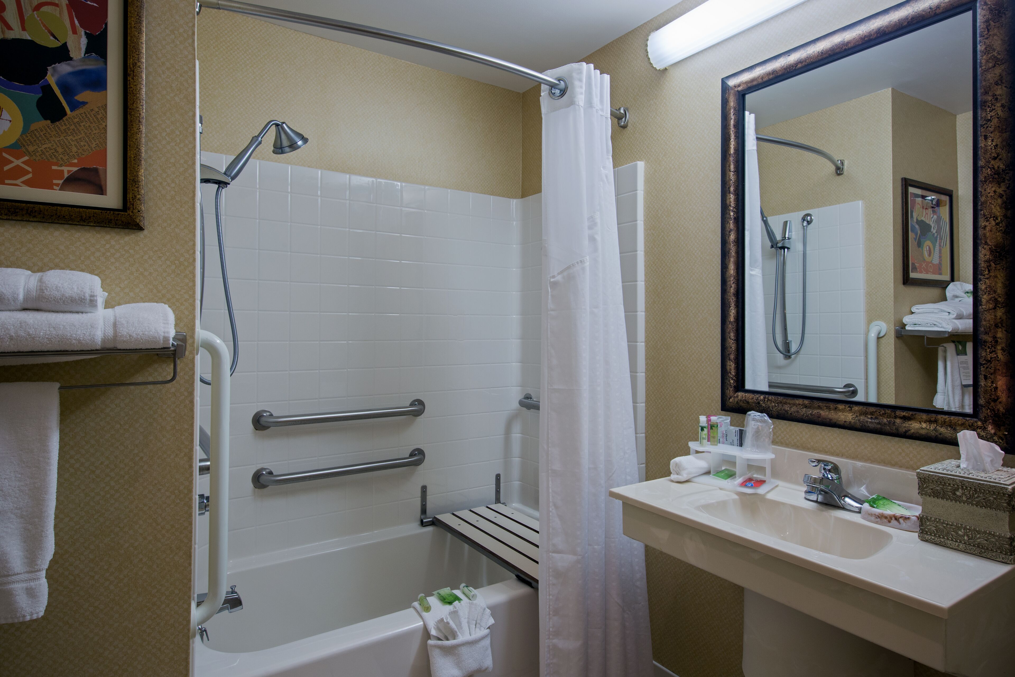 combined shower/bathtub, free toiletries, hair dryer, towels