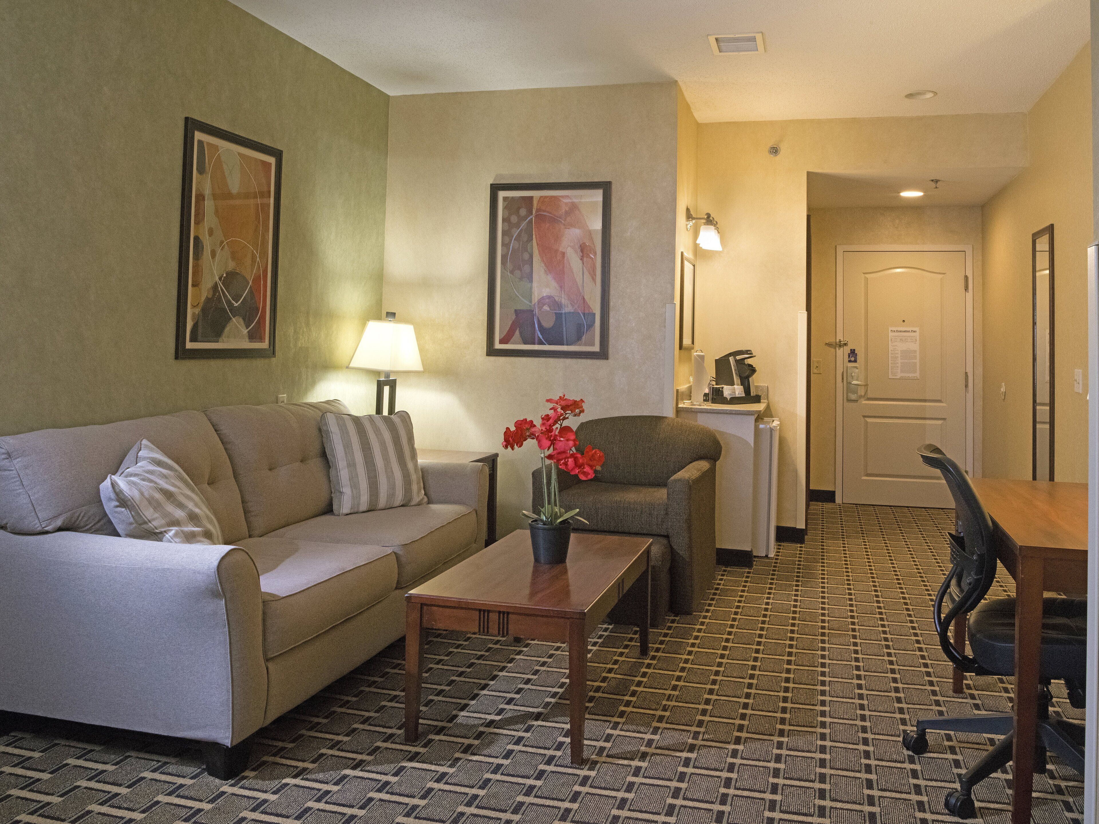 hypo-allergenic bedding, desk, blackout curtains, iron/ironing board